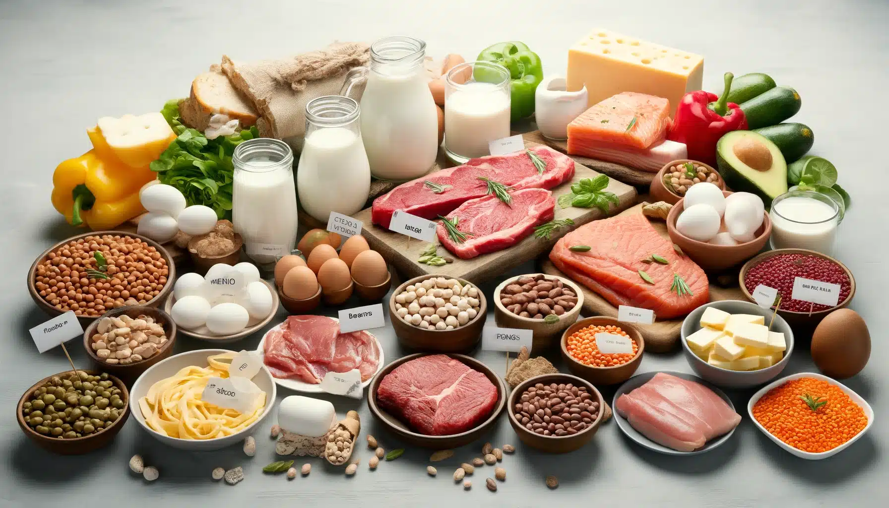 A table spread with various protein-rich foods, including lean meats, fish, eggs, legumes, and dairy products, emphasizing their role in muscle buildi